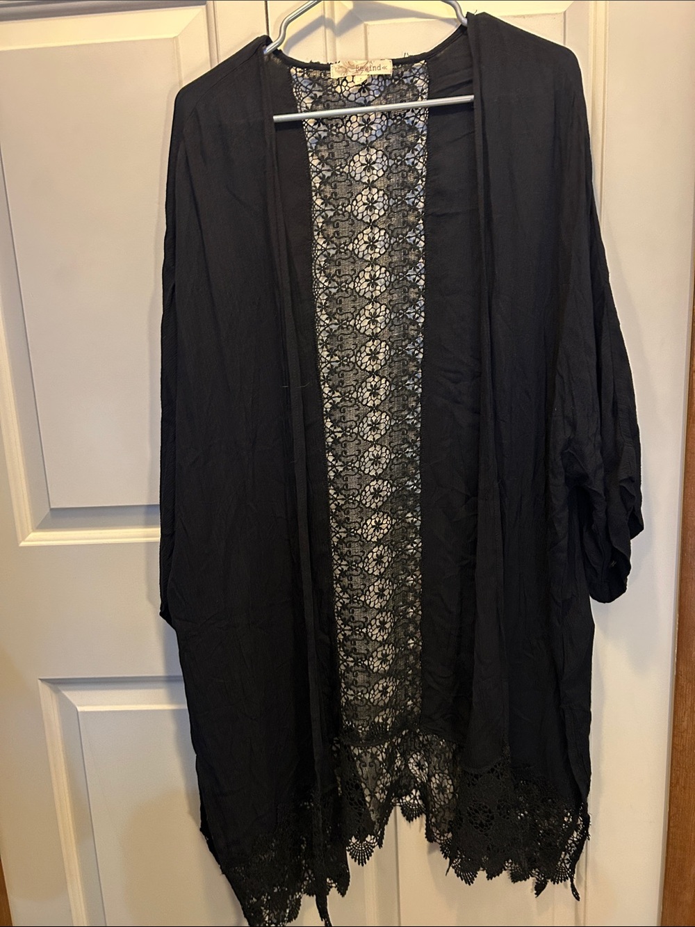 Rewind Black Lace-Trim Open Front Kimono. Size L